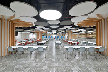The rafts can be positioned at different angles and heights to create elegant, innovative ceiling designs.