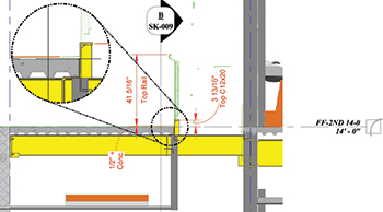 Section views of the as-built point cloud data (green) showing the installed handrail at the school, overlaid to the coordinated 3D Building Information Model of structural steel and concrete.
