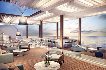 The bar lounge extends onto the water and its wooden columns and ceilings resemble a boat’s mast and sails against the ocean breeze.