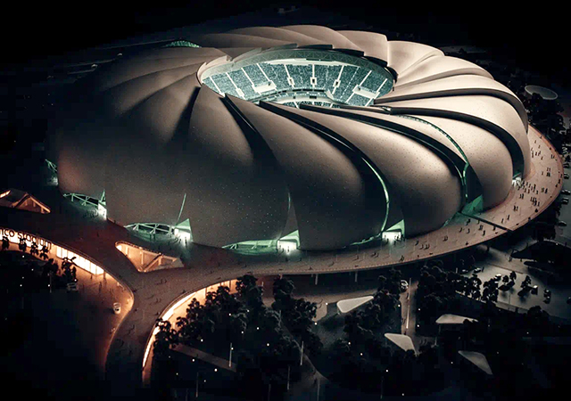 The stadium’s architectural design draws heavily from the natural whirlpools of the Arabian Gulf, expressed through interwoven, semi-transparent “sails” that wrap around the structure. 