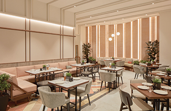 Bespoke banquette seating with salmon pink, muted yellows and oranges bring warmth.