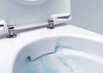 Geberit Rimfree technology ....the flow of water is controlled just before it reaches the ceramic pan.