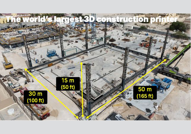The BODXL printer from Cobod measures 50-m long, 30-m wide, and 15-m high.