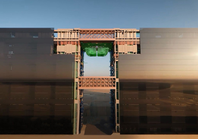 A 45,000-spectator stadium spans the portal area 380 m above ground, with a chandelier below.