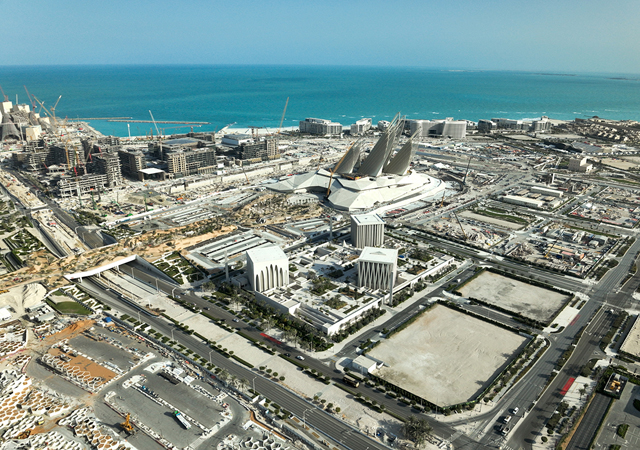 Saadiyat Cultural District ... the Abrahamic Family House, which opened in March 2023, is seen below the upcoming Zayed National Museum.
