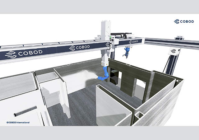 COBOD BOD2 printer can be turned into a multifunctional construction robot, equipping the vertical telescopic unit with a spray gun to paint the walls. 