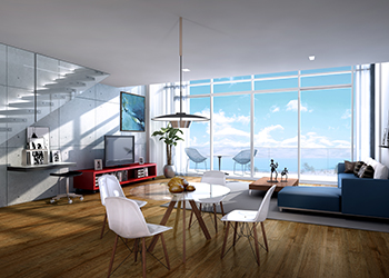 Each unit features floor-to-ceiling windows that offer expansive views.