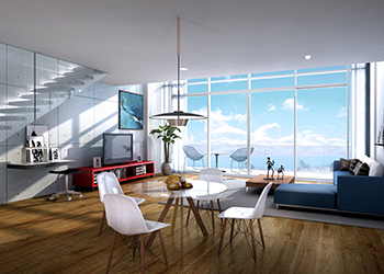 Each unit features floor-to-ceiling windows that offer expansive views.