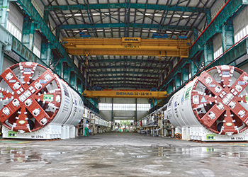 The two TBMs used on the Abu Hamour Southern Outfall Project in Doha, prior to delivery from the Herrenknecht plant.